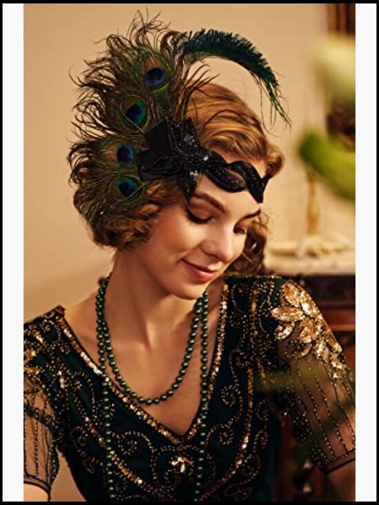 Peacock Feather Flapper Headband Gatsby Showgirl Sequined Headpiece Vintage main image 6